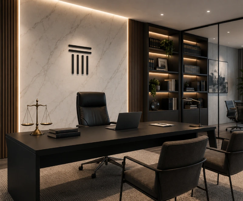 Despacho jurídico moderno con mesa de trabajo